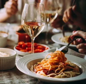 Pasta dinner and wine