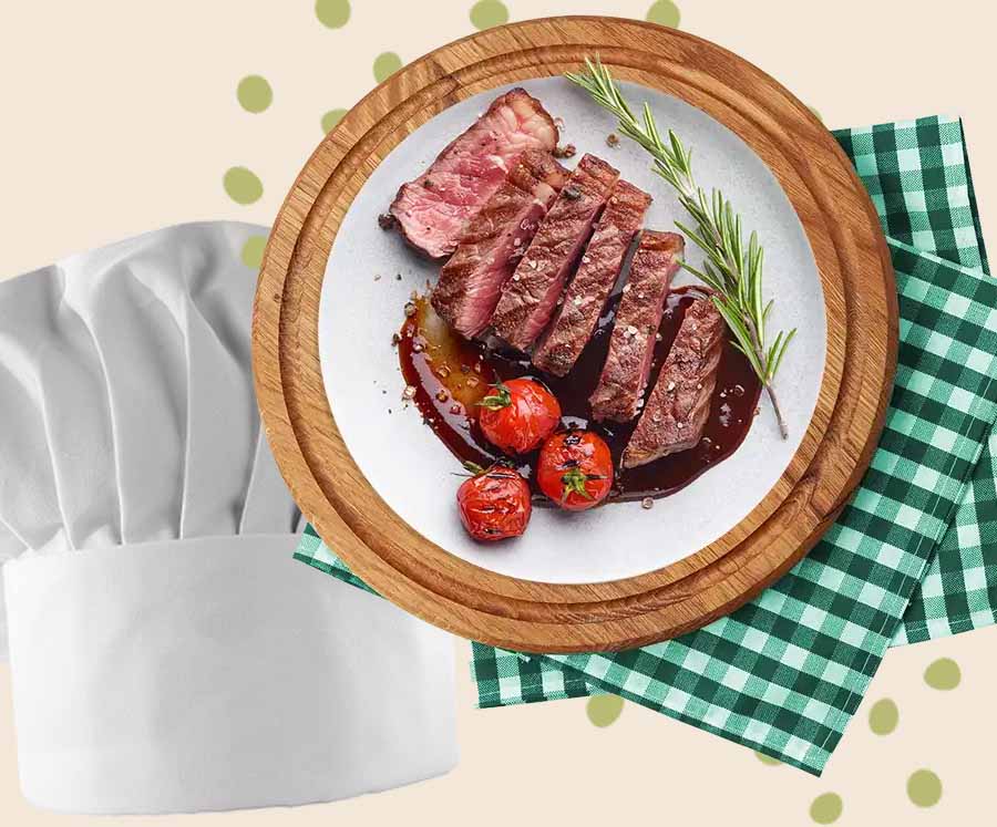Steak dinner with a chef hat